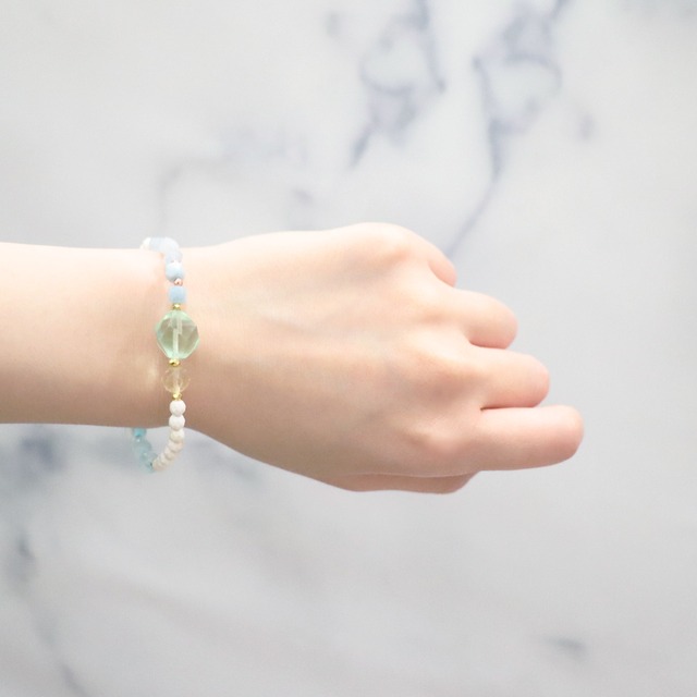 【Deep Sea Party】虎牙天珠×アクアマリン×グリーンフローライト ブレスレット