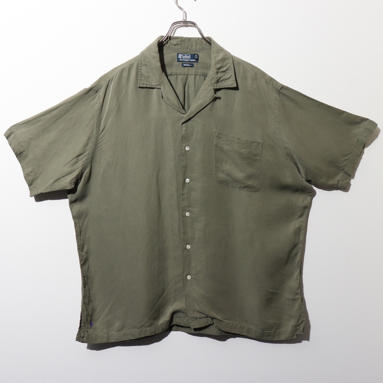 美品 XL オリーブグリーン シルクリネン Caldwell Polo Ralph Lauren ポロラルフローレン 半袖開襟シャツ