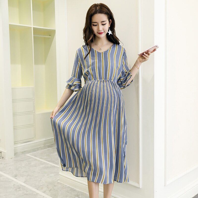 【新作】【送料無料】 縦縞シフォンマタニティロングドレスVネックスリムウエストチャーミングな服妊娠中の女性妊娠中 ストライプ AL expec367756592306