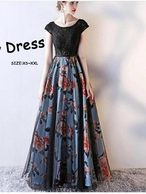 ★送料無料★13号(XL)☆レース切替サテンチュールのロングドレス(OPN2512)