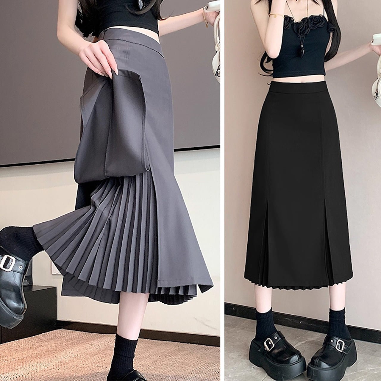 ボックス風プリーツスカート ロング ミモレ丈 切り替え サイドプリーツ