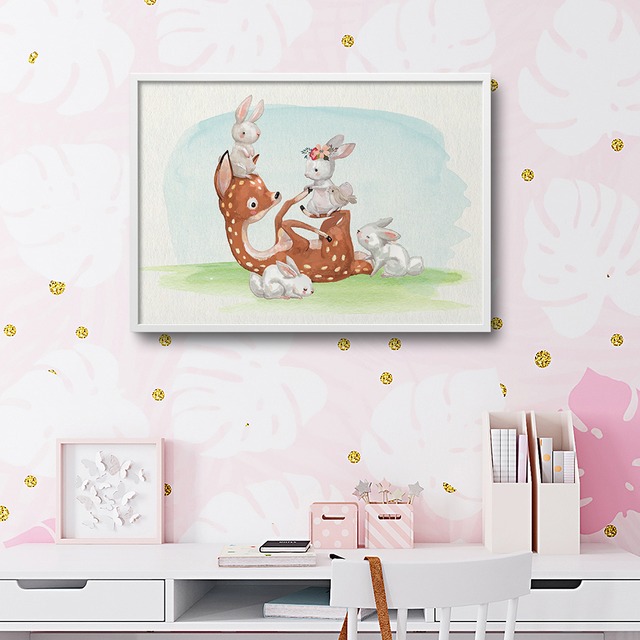 鹿とうさぎのポスター　/ i1226 / 傘で空を舞うウサギ　うさぎや鹿の親子　子供部屋に　キッズポスター