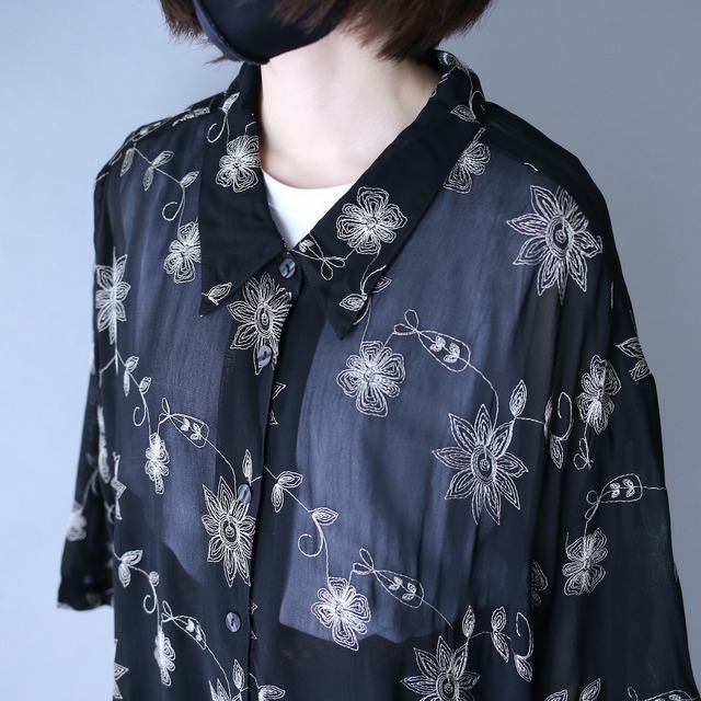 "刺繍" over wide silhouette black mode h/s see-through shirt