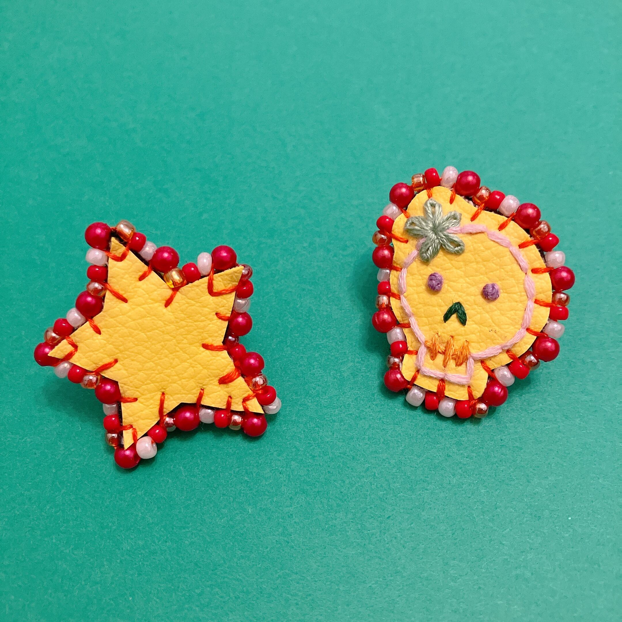 イヤリング メキシカンスカル×スター ガイコツ 星 イエロー＆レッド