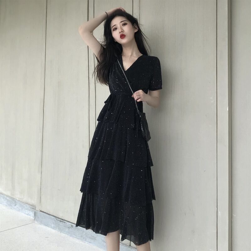 シックなファッションニッチなキャラクタードレスドレスの2020年初春バージョン女性のVネックの妖精ミドル丈ケーキドレス YY-ファッション74466317715