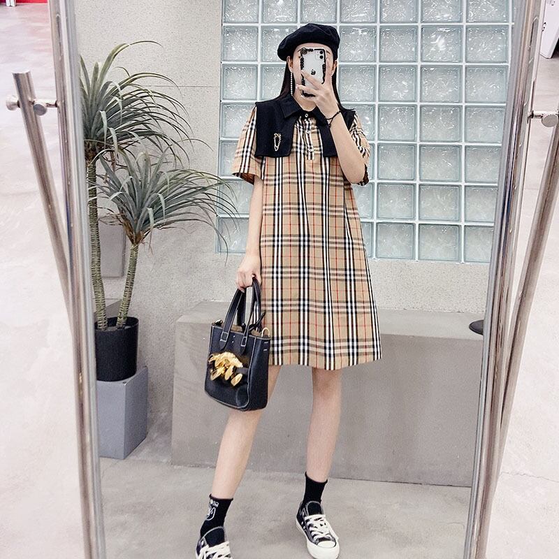 サマースタイルスカート 格子柄半袖スリーブドレス ショート ハーフスリーブ 大きめサイズ 夏物 ミックスインファッション77153337627