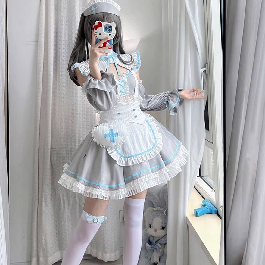 ナースロリータ コスプレ衣装｜白×赤クロス フリルワンピース アイドル