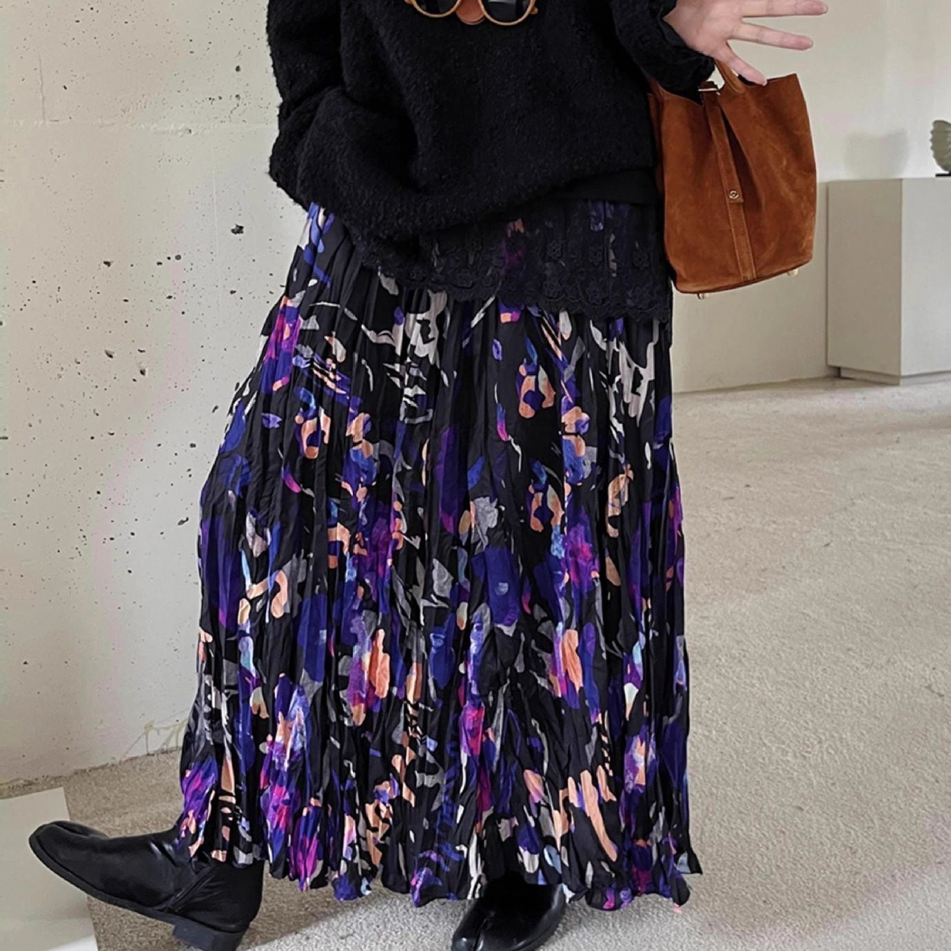 FLOWER PRINT A-LINE WRINKLED MAXI DESIGN SKIRT 1color M-16123