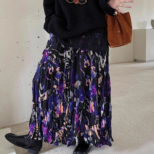 FLOWER PRINT A-LINE WRINKLED MAXI DESIGN SKIRT 1color M-16123