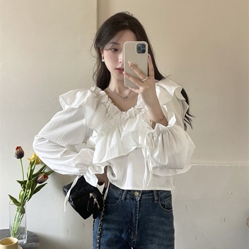 ブラウス シャツ フリル レディース Vネック フリルネック キャンディスリーブ ボリューム袖 オフショルダー プルオーバー 白 ホワイト 肩出し 肌見せ かわいい フェミニン ガーリー おしゃれ