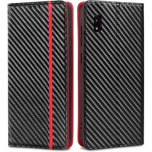 iffeenny galaxy a20 ケース 手帳型 シンプル気質 炭素繊維調 カード収納 スタンド機能 全面保護 ユニークなデザイン マグネット内蔵 使いやすい 防水 滑り落ちにくい 指紋防止 PUレザー 5.8インチ対応 レッド 3480