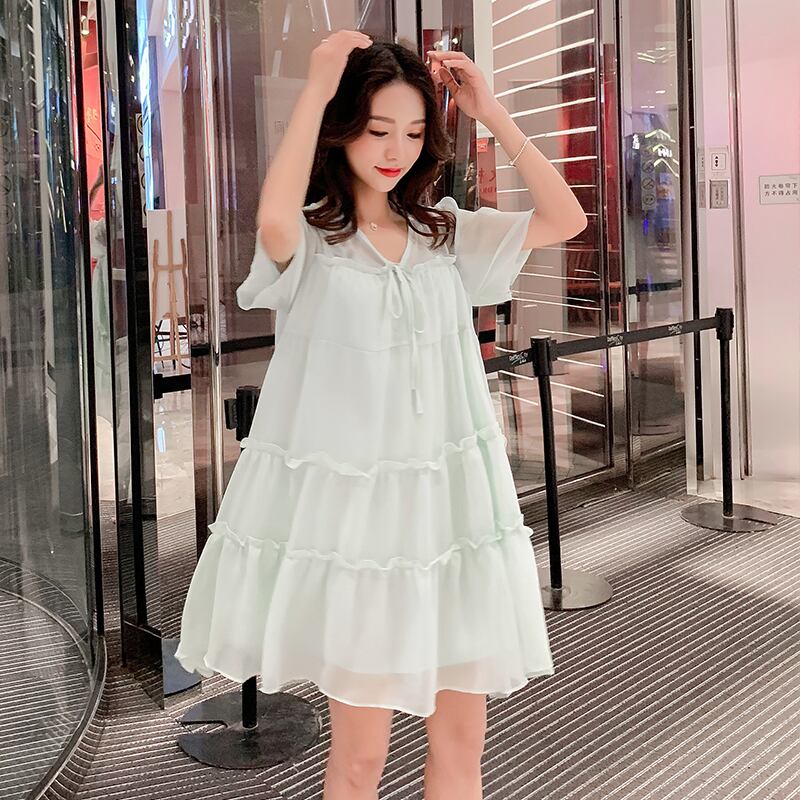 【新作】【送料無料】 スタイルVネックシフォンドレスマタニティプラスサイズ半袖Vネック妊婦シフォンドレスゆったりとした服 ショート ハーフスリーブ 大きめサイズ AL expec390780953403