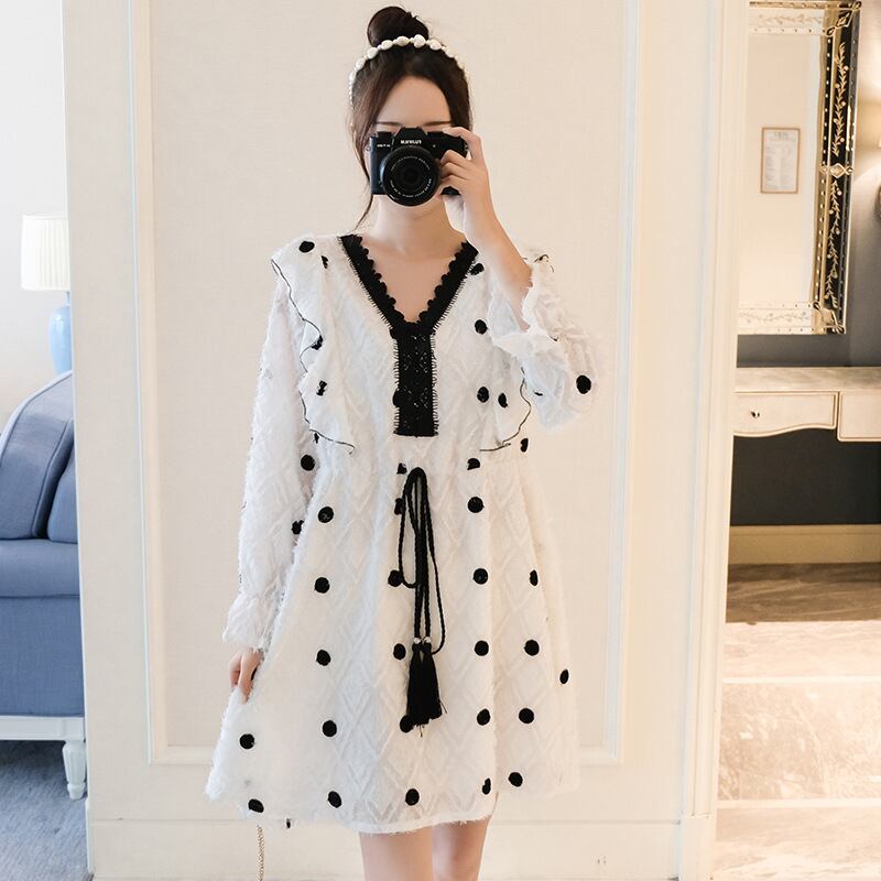 【新作】【送料無料】 マタニティウェア2020秋と冬の新しいシフォン水玉Vネックファッションママドレス小さな新鮮なミドル丈のマタニティドレス-アリババ オータム 秋物 ウィンター 冬物 expec276776109940