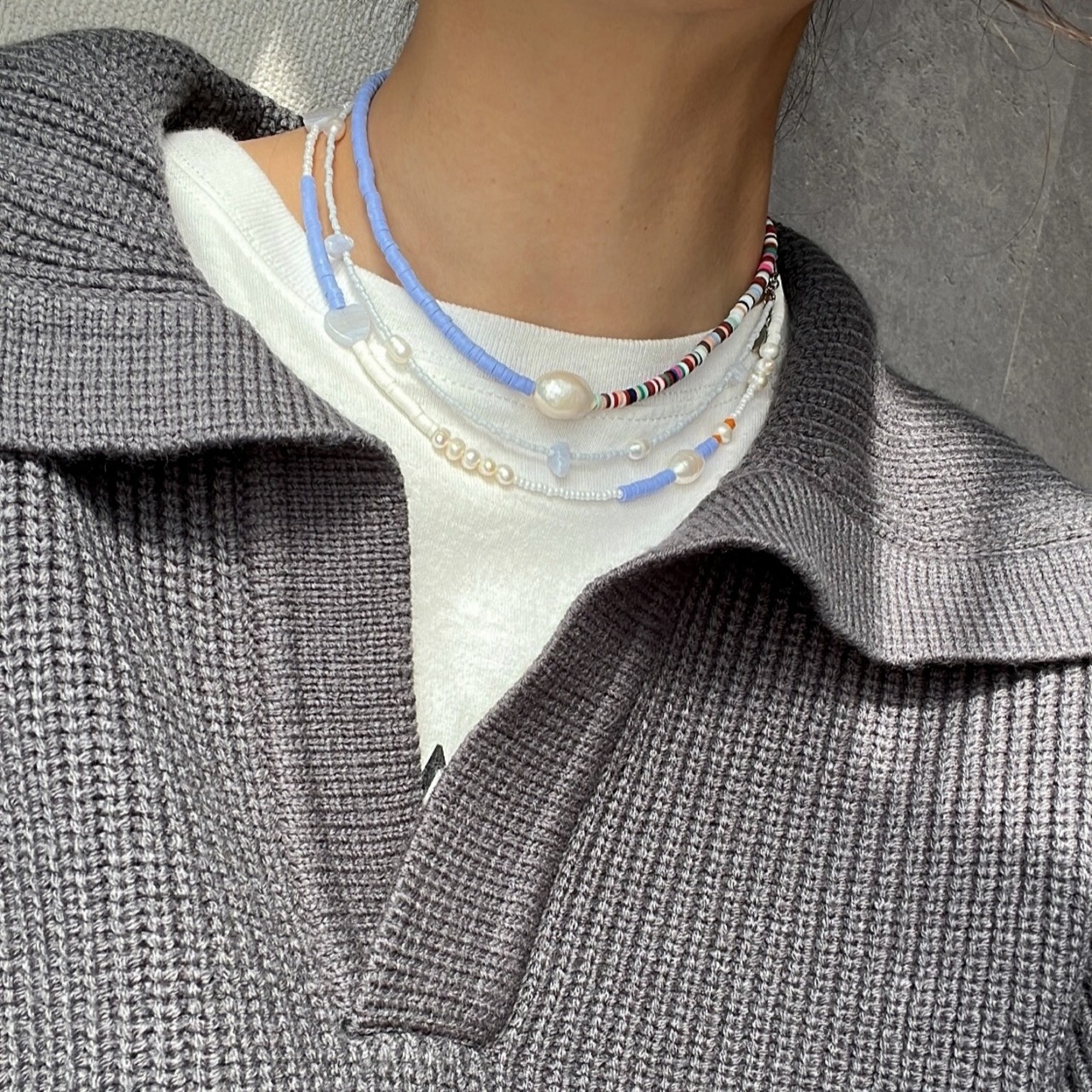 ［3色展開] 天然石 × パール ビーズネックレス ［SSN045］