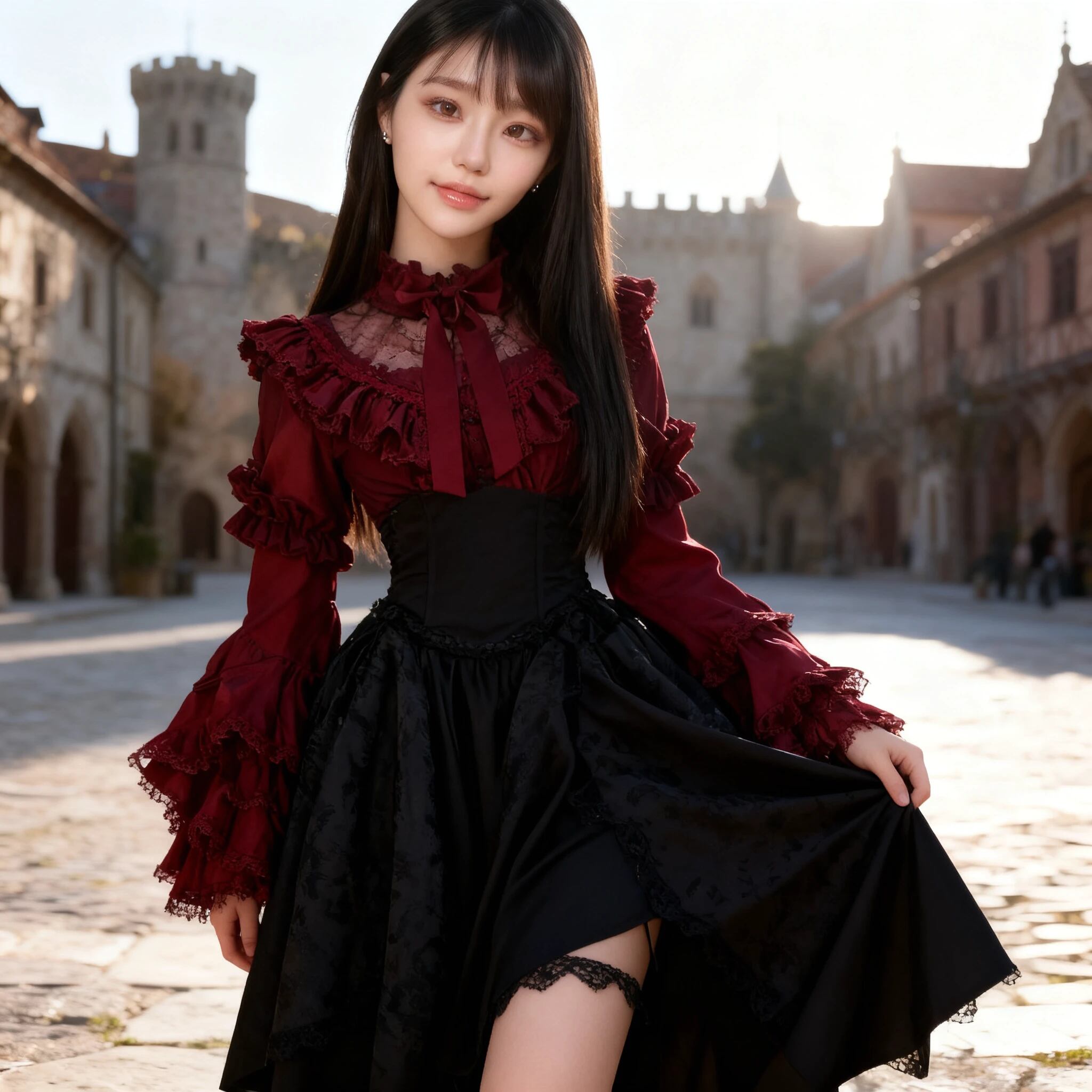 〔ロリータ〕深紅フリルブラウス×ブラックスカート ゴシックロリータセット|クラシカルゴシックドレス