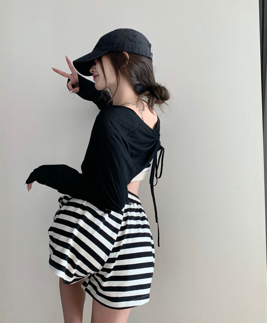 ストレッチウェストストライプカジュアルパンツ レディースサマー薄手ショーツ ハイウェストルーズワイドレッグ エラスティック 伸縮 夏物 ブルマー ワイドパンツ ブラックストロベリース23734479304