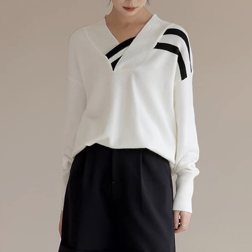 Vネックストライプラインデザインニット 00403