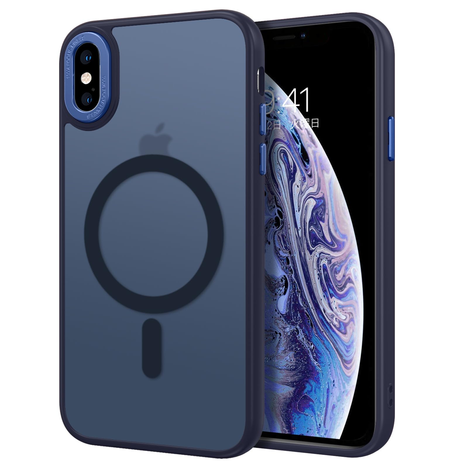 利便性向上 DOMAVER iPhone X/iPhone XS 用 ケース Magsafe対応 ワイヤレス対応 半透明 傷に強い背面 滑り止め 黄ばみなし ストラップホール付き 画面レンズ保護 指紋防止 耐衝撃 アイフォン X XS 用カバー 5.8インチ ネイビーブルー