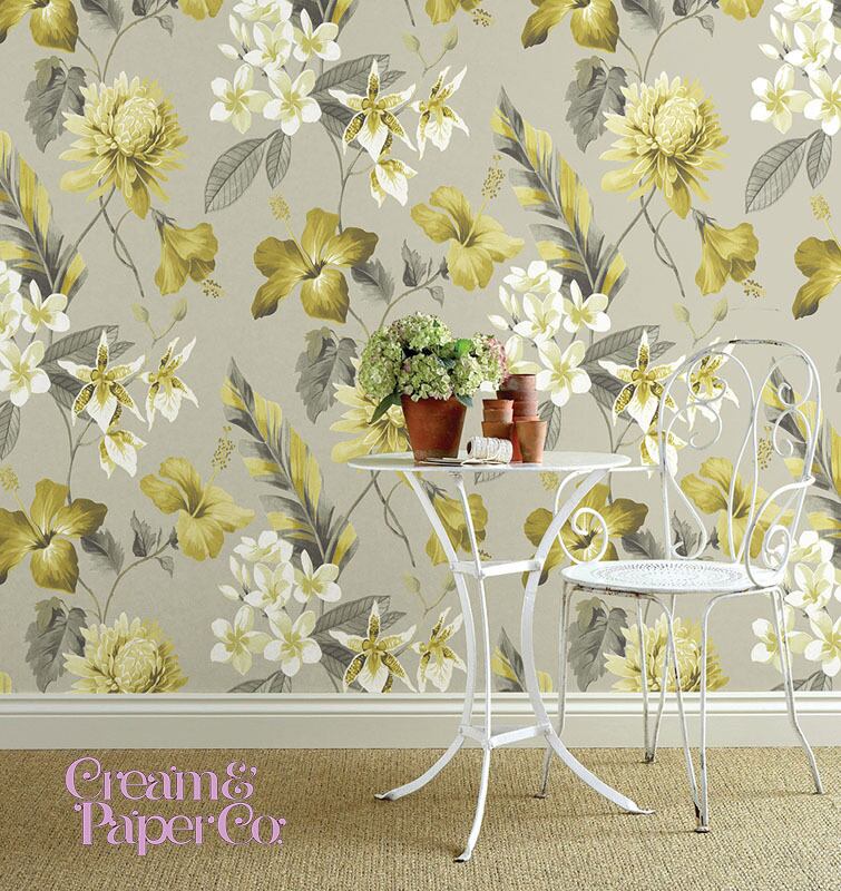 【切り売り】ウォームグレー × イエロー Tropical flower FL1-778001MT for DIY 53㎝×10m リピート53㎝