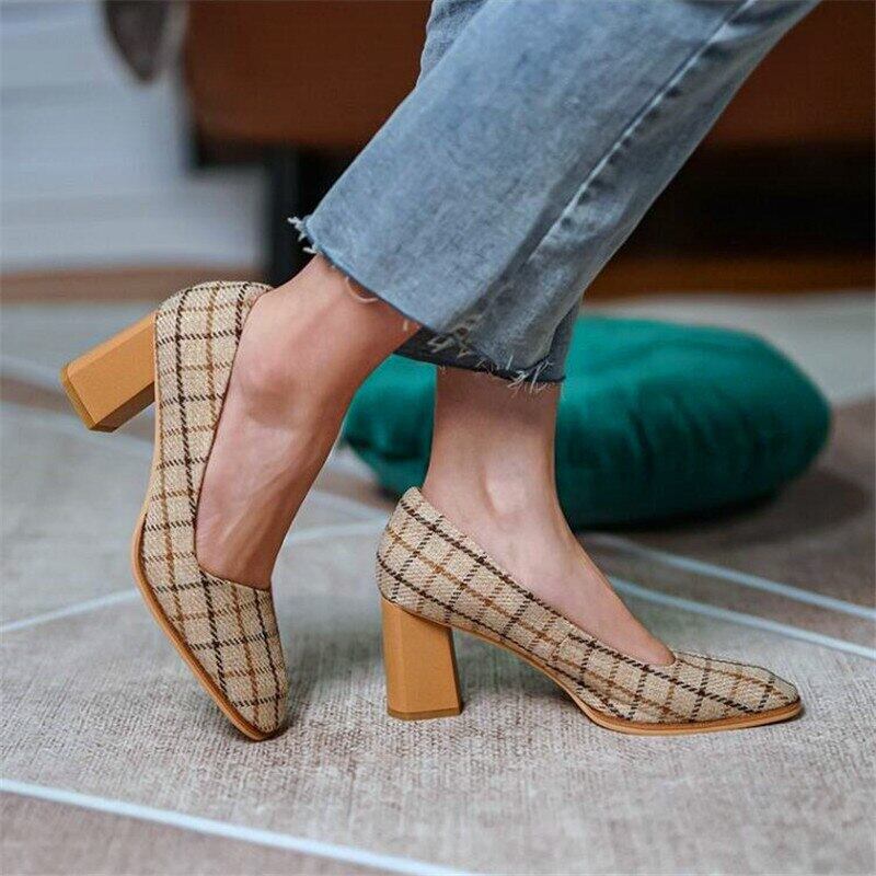 【新作】【送料無料】 春秋レディースレトロハイヒールチェック柄ストライプ先のとがったシングルシューズアプリコットパーティーパンプスハイヒール 靴 スプリング 春物 オータム 秋物 10b323551050697