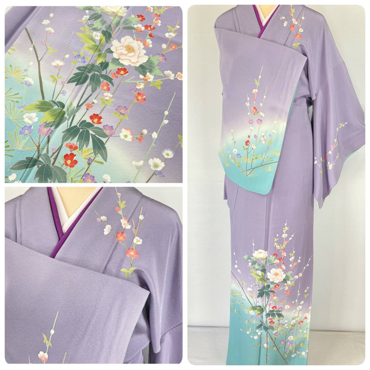 京加賀友禅 作家物 浜ちりめん 訪問着 花柄 紫 青緑 873 | kimono Re:和 [online store] キモノリワ 着物 帯