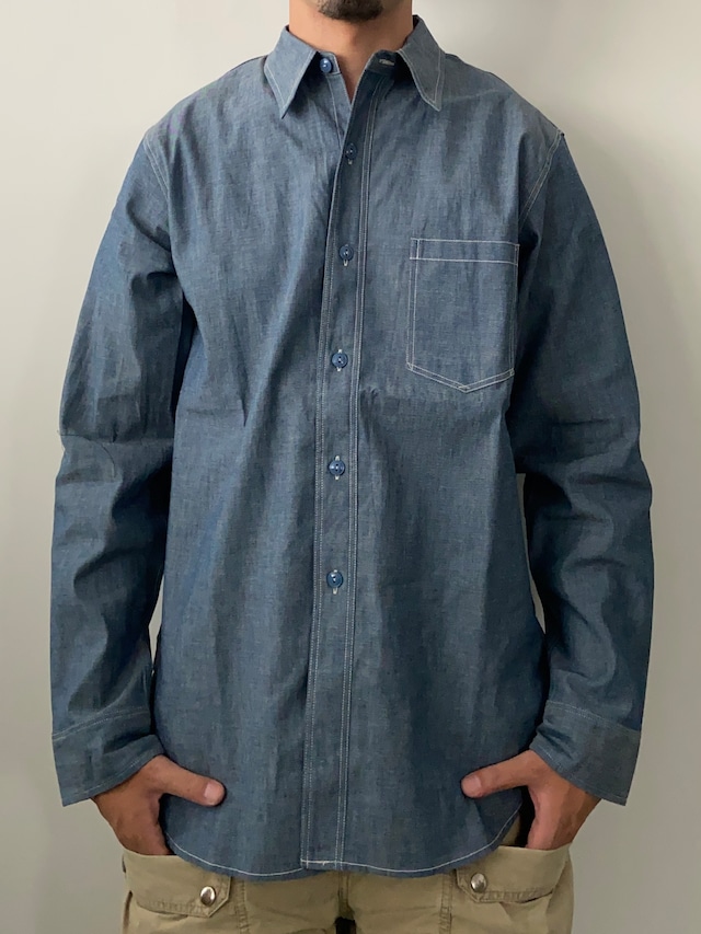 THE CORONA UTILITY / CS001 / NAVY 1 POCKET SHIRT / 5.5oz BLUE CHAMBRAY - NATURAL STITCH