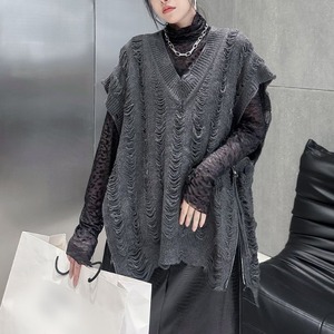 SIDE ZIPPED V-NECK OVERSIZED KNIT PULLOVER VEST 2colors M-15327