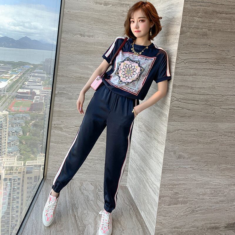 プリントカラーストライプラウンドネックTシャツ カジュアルパンツ スプリング 春物 Oネック MIUCO5269617409