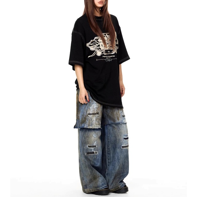 ペイントステッチルーズシルエットTシャツ 3col   R02068