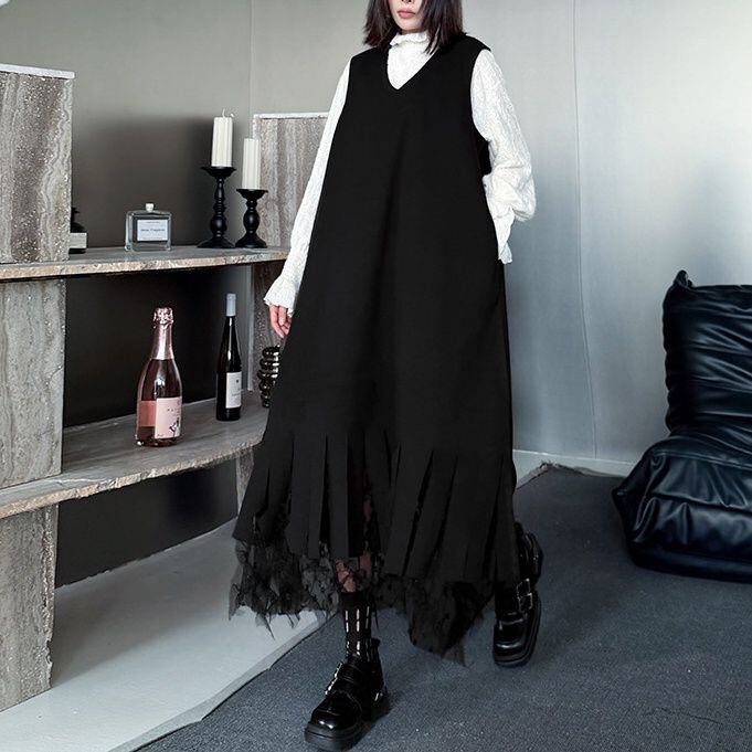 SOLID V-NECK SLEEVELESS LONG A-LINE DESIGN DRESS 2colors M-15174