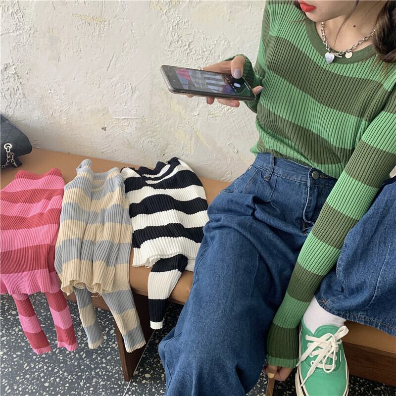 ストライプセーター プルオーバー オータムスタイルルーズショートニットトップス ロング 秋物 ドラファッションホール94054564133