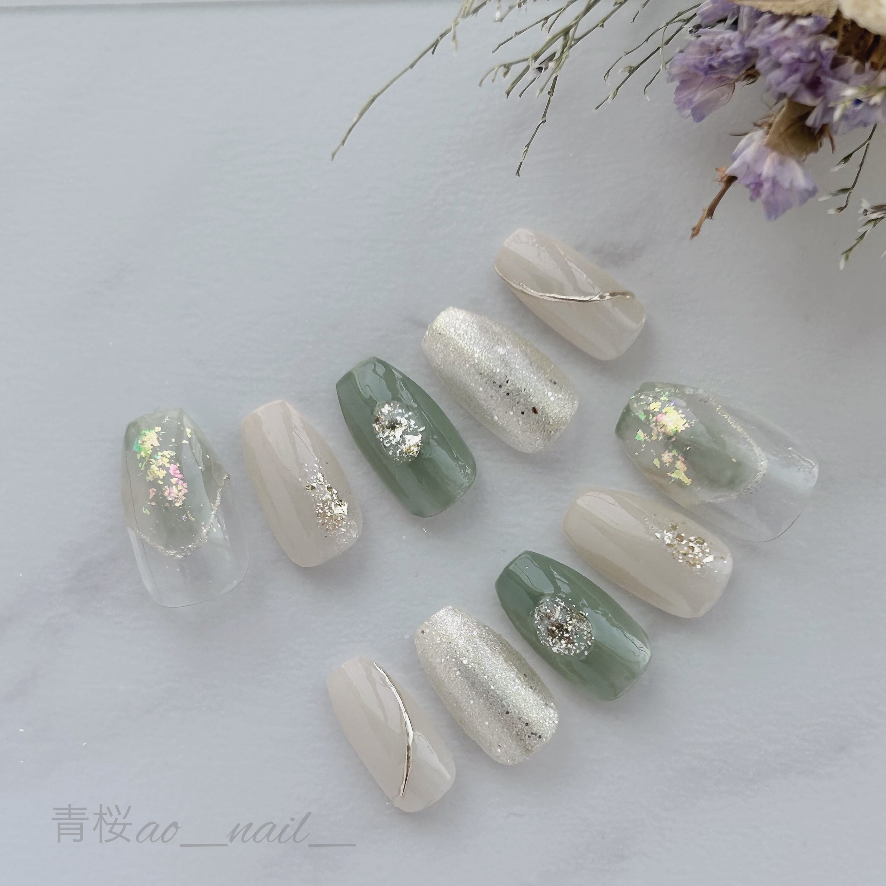 No.6〜くすみグリーン×ニュアンスデザイン | ao_nail_