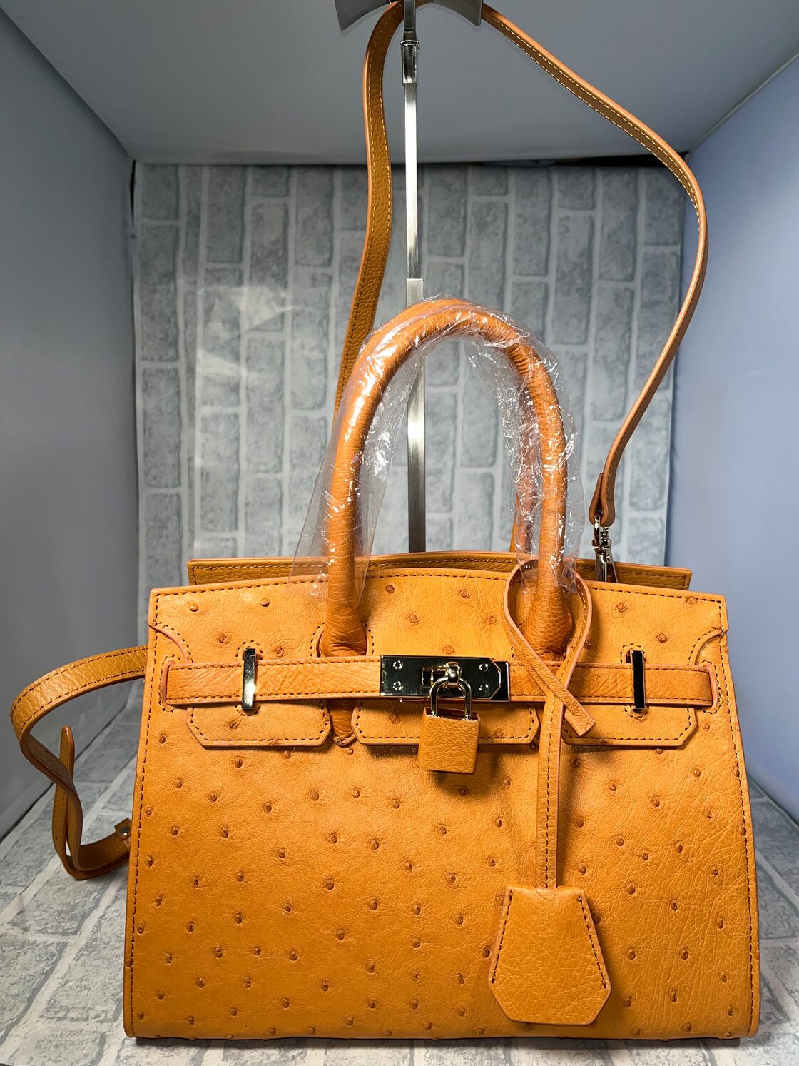 オーストリッチ本革 フルポイント バーキン型 天ファスナー型2WAYBAG 