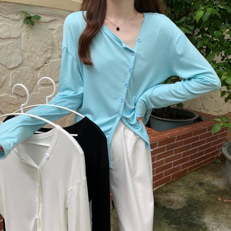 オータムVネックカーディガンTシャツ シャツ ルーズ薄手トップス ロング 秋物 ハンチェンe3327494559