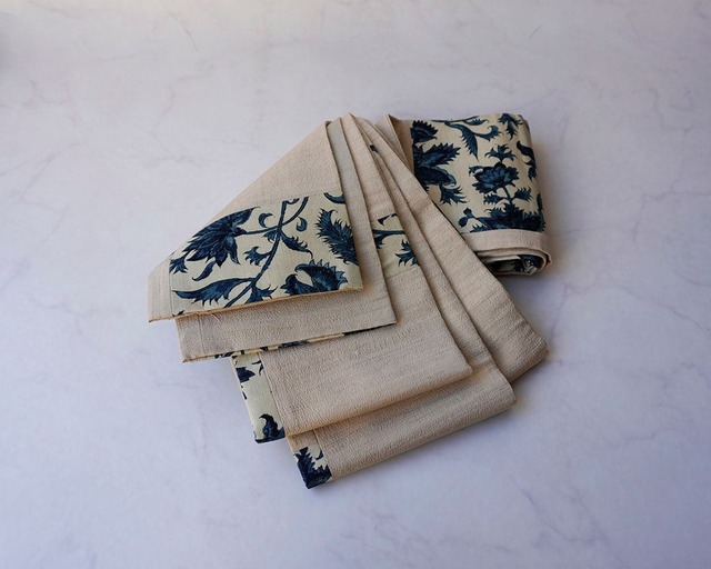 【半幅帯】砂色紬×更紗　仕立ておろし　創作　半幅帯