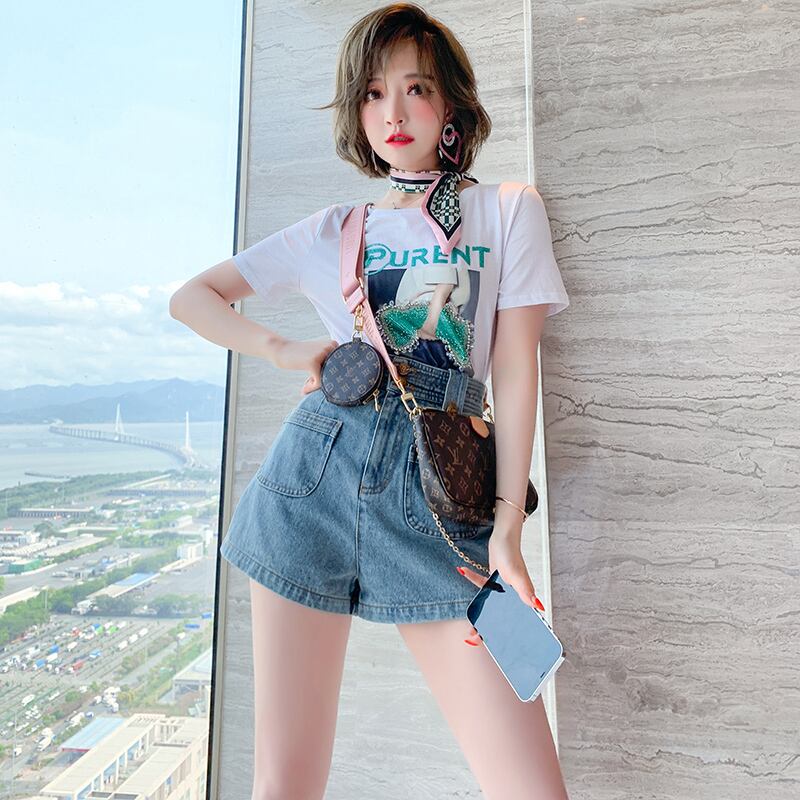 ラインストーンプリントラウンドネック半袖スリーブTシャツ スカーフ ショート ハーフスリーブ スプリング 春物 サマー 夏物 Oネック MIUCO92814567542