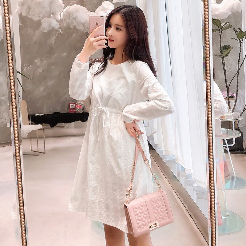 【新作】【送料無料】 マタニティウェア2019春バージョンの新しいファッションラウンドネック巾着綿とリネンミドルレングスルーズマタニティドレス-アリババ コットン スプリング 春物 Oネック expec254324134869