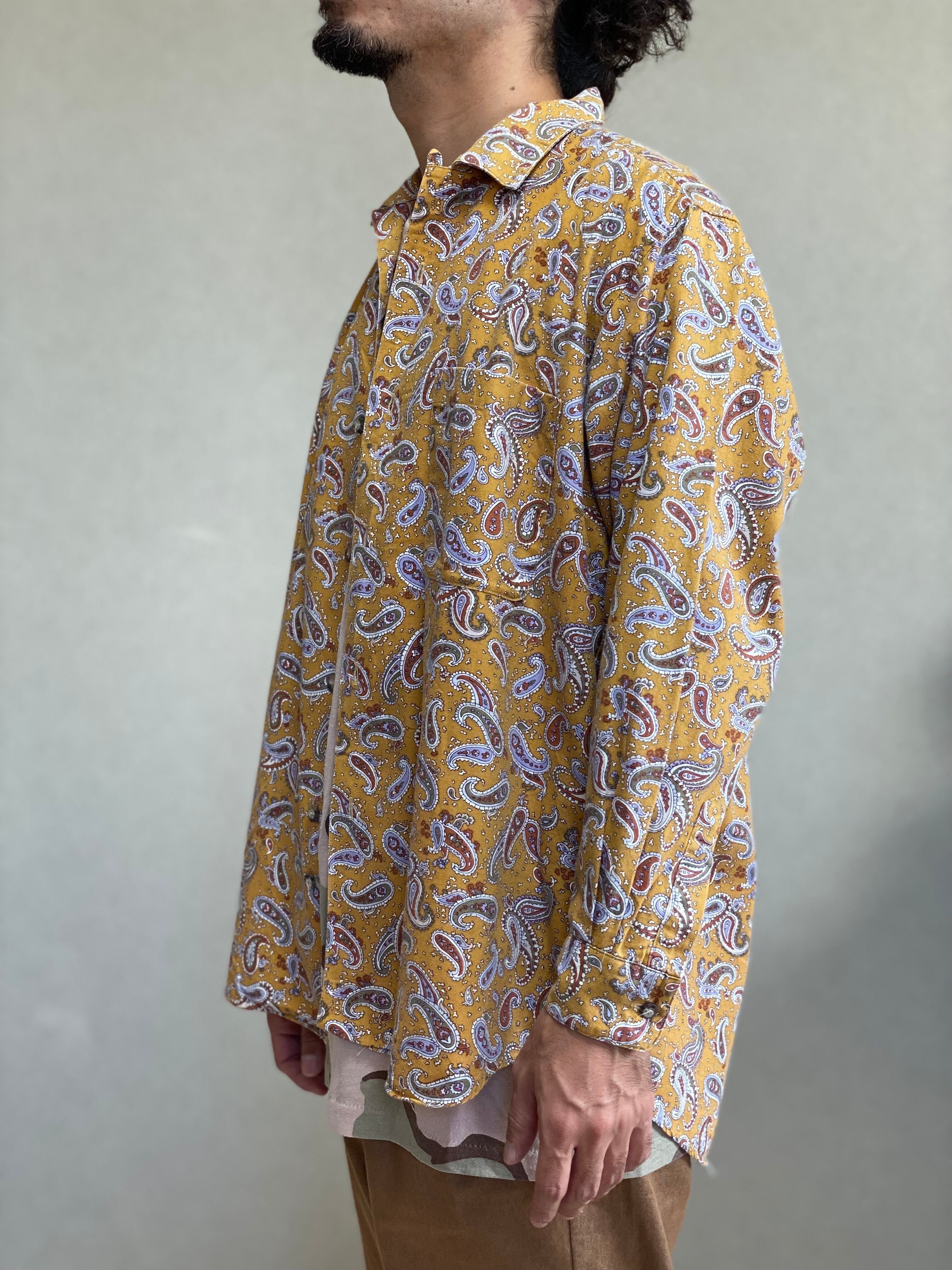 Vintage ヴィンテージ 柄シャツ 総柄 長袖 メンズ ユニセックス コットン ペイズリー柄 エスニック柄 マスタードイエロー ビッグサイズ L 柄シャツ ハイカラ倉庫
