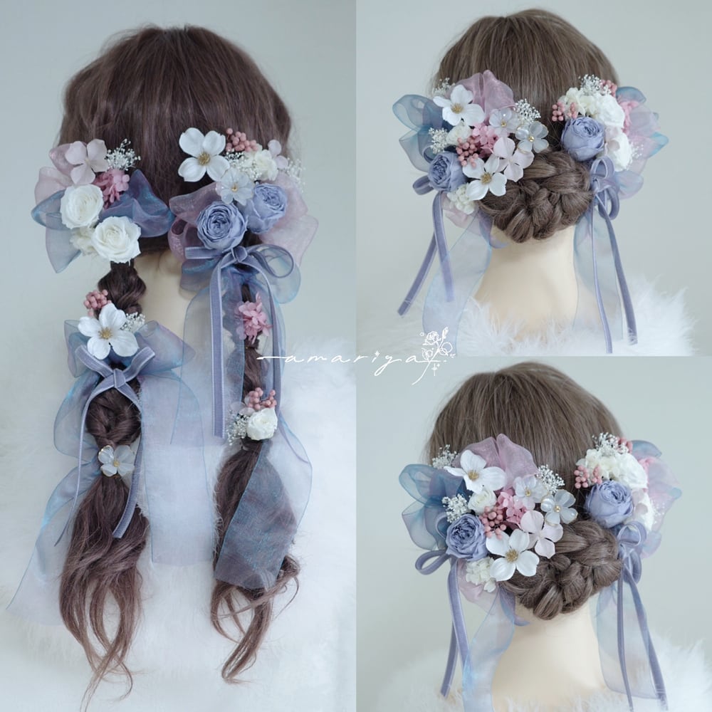 髪飾り プリザーブドローズくすみブルーと桜