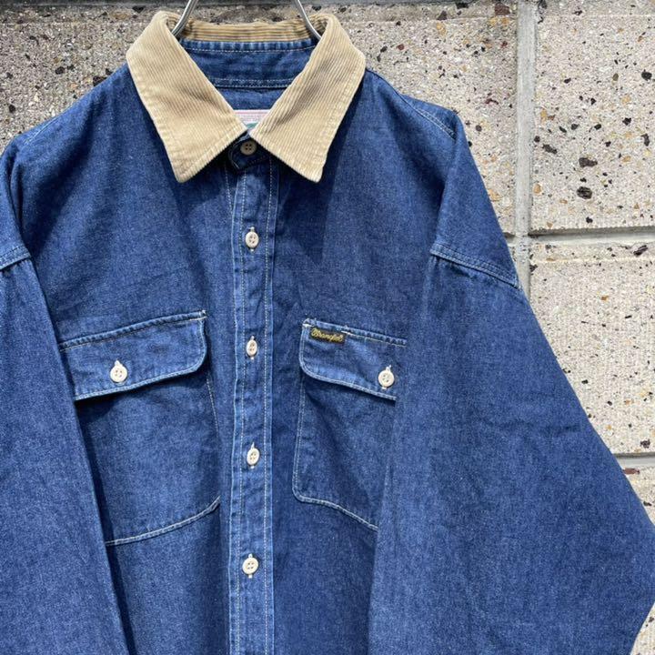 【Lサイズ】Wrangler ラングラー 90's オーバーサイズ デニムシャツ 襟コーデュロイ生地