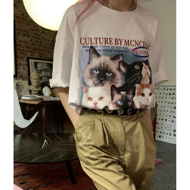 cats print loose T-shirt