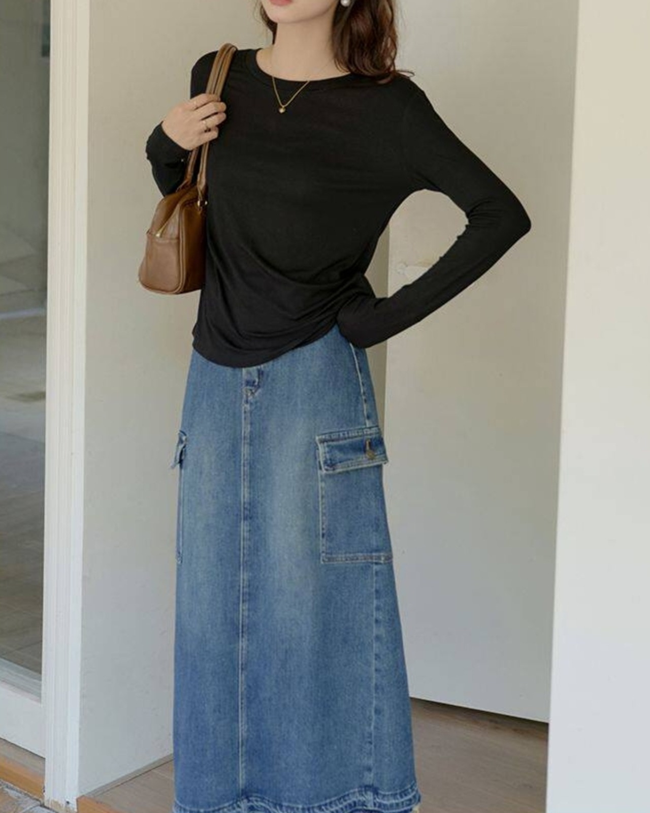 Round neck long sleeve simply tops L0120