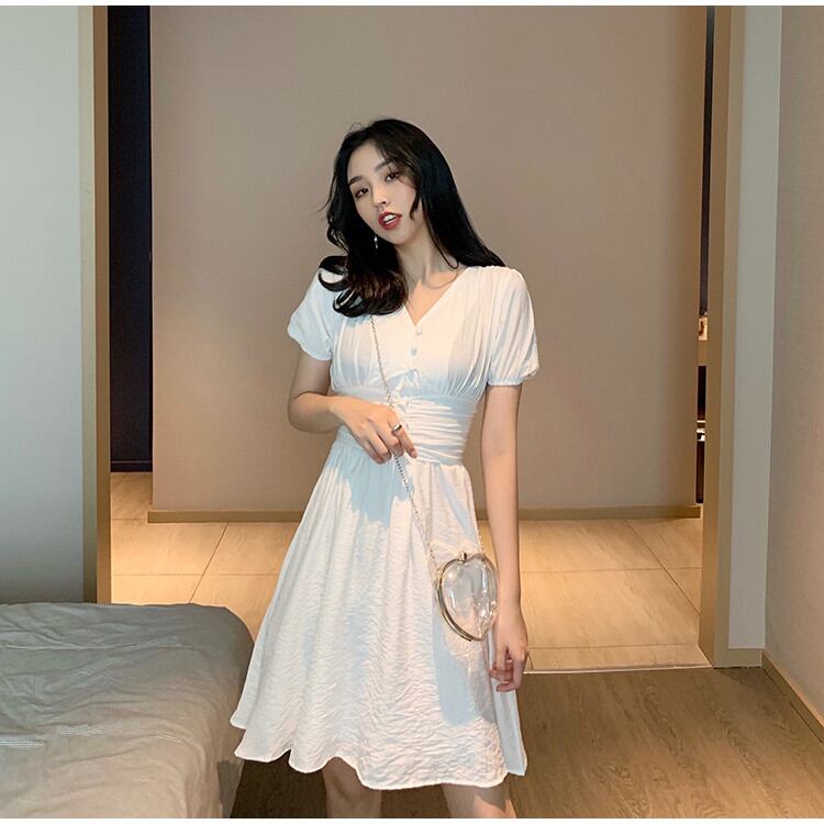 AW新品早割 新作 夏 ワンビース 気質 中・長セクション フレンチ バブルスリーブ Vネック