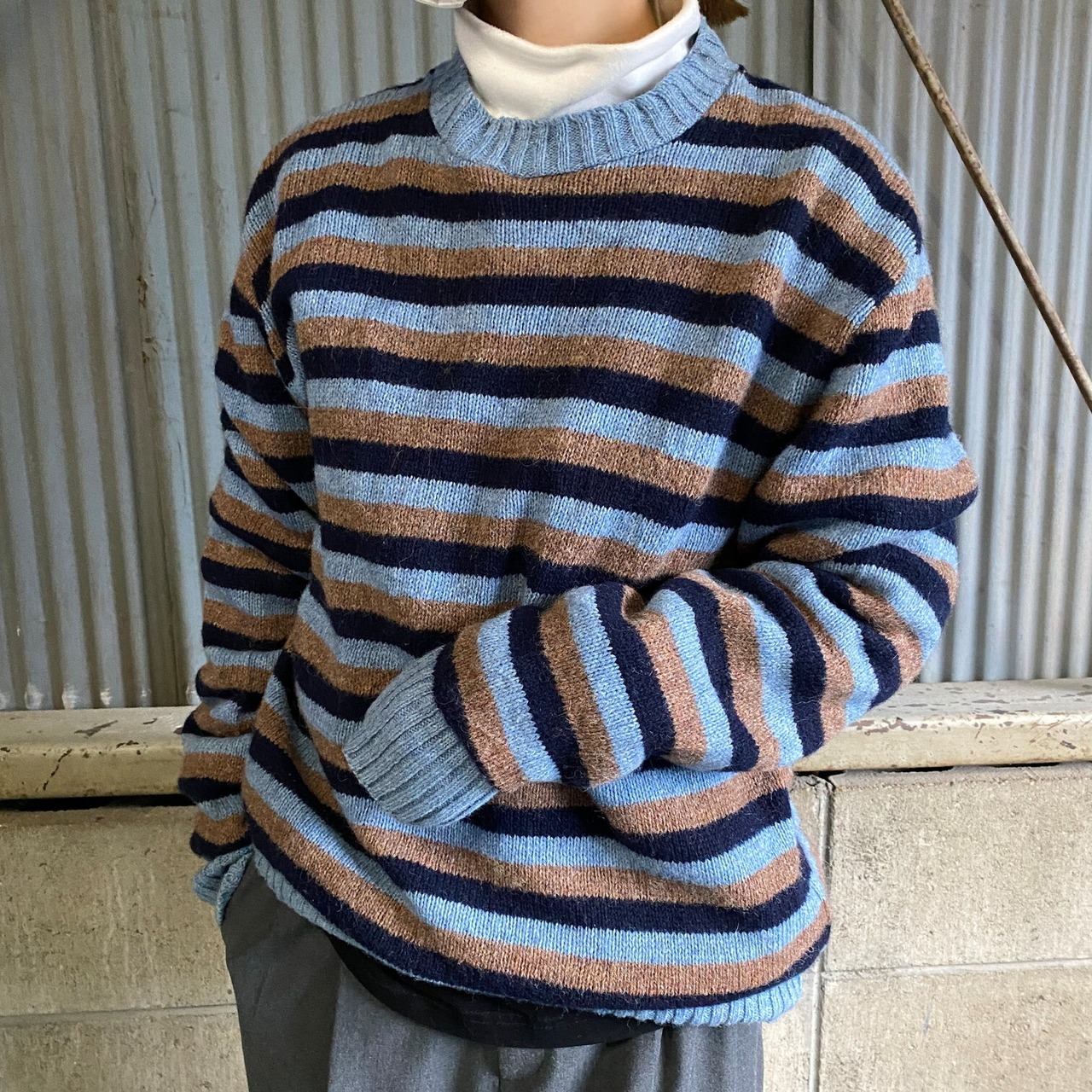USA製 〜90年代 VAN HEUSEN ボーダー柄 ウールニットセーター メンズL 