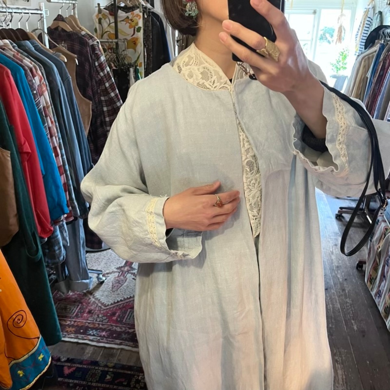 Euro vintage handmade linen outer/dress 淡いブルーのリネン羽織り 