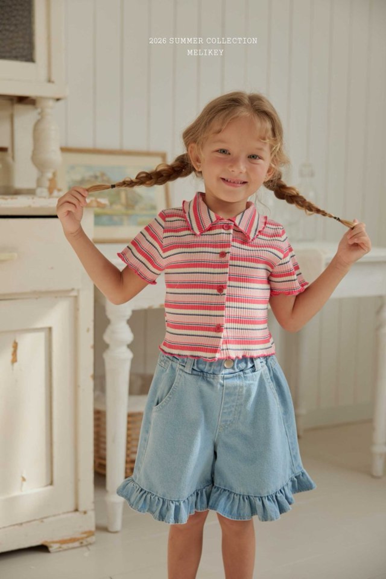[MELIKEY] Frilled 5-length Denim Pants (JS/JM) / [미라이키] 프릴5부데님팬츠 (JS/JM)