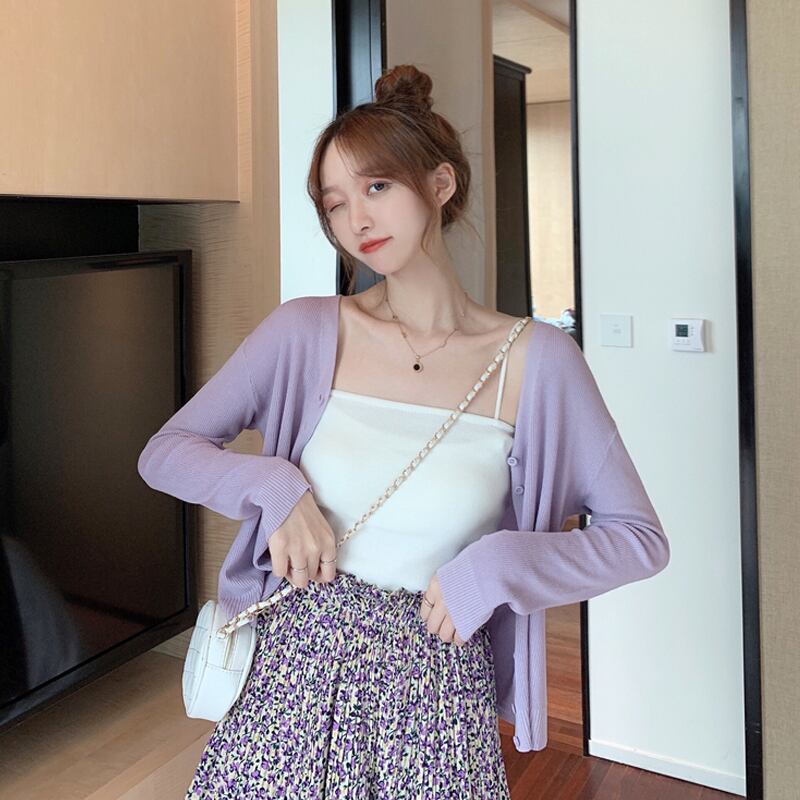 ニットカーディガン薄手ジャケット スプリングオータムシャツ ショートトップス 春物 秋物 シルク パープル 試着室99952226085