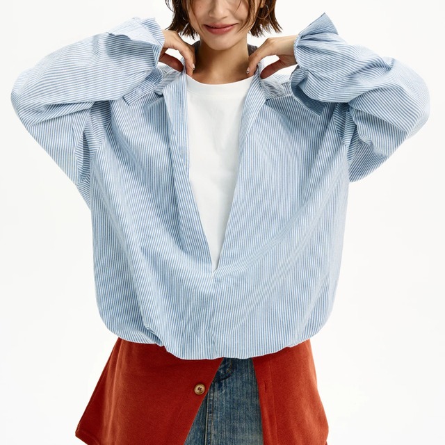 striped deep-V layered shirt　ストライプディープVレイヤードシャツ　J2163