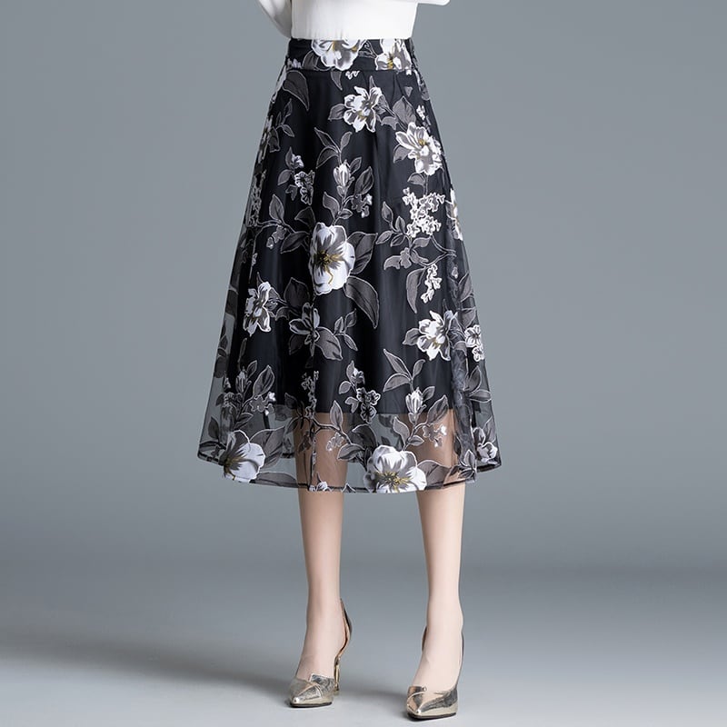 花柄シースルーAラインスカート Me0928