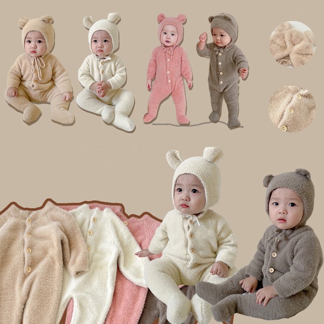 【BABY】もこもこくまちゃん帽子付き連体服